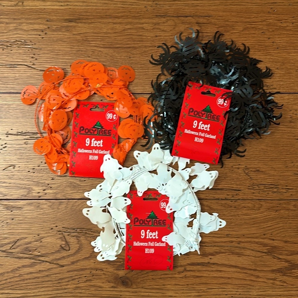 Vintage Halloween Foil Garland Lot of Three pumpkins ghosts spiders NWT